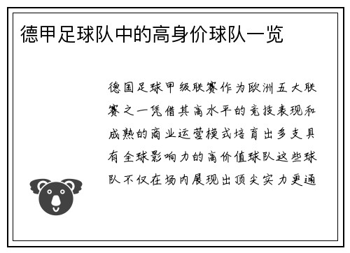 德甲足球队中的高身价球队一览