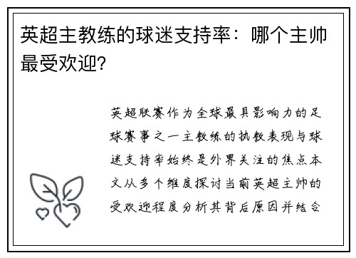 英超主教练的球迷支持率：哪个主帅最受欢迎？